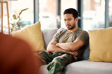 Image showing Sad, therapy and a military man with a psychologist for counselling, depression and psychology. Young army, veteran or soldier person with a therapist for mental health, consultation or help