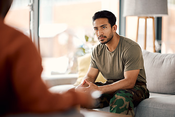 Image showing Support, therapy and a military man with a psychologist for counselling, depression and psychology. Young army, veteran or soldier person with a therapist for mental health, consultation or help