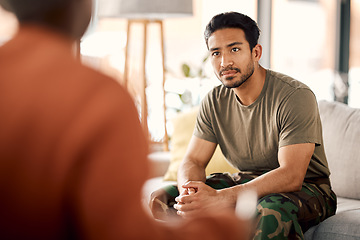 Image showing Listen, therapy and a military man with a psychologist for counselling, support and psychology. Young army, veteran or soldier person on therapist couch for mental health, consultation or help