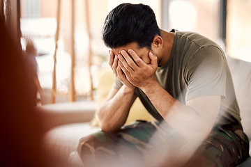 Image showing Man with trauma, stress and mental health, sad with problem and therapy, depressed and thinking about abuse. Male person in crisis, depression and pain at home, burnout and anxiety with psychology