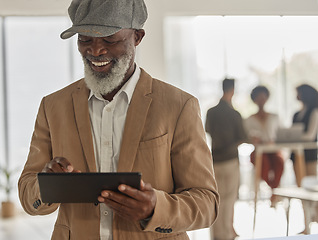 Image showing Tablet, research and a senior business black man in the office for planning online against a blurred background. Technology, smile and networking with a happy mature corporate employee at work