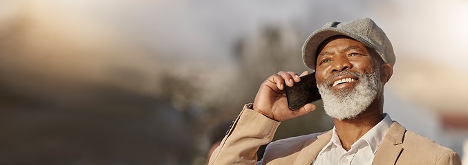 Image showing Phone call, space and happy with black man in city for networking, communication and technology. Mockup, smile and banner with senior person talking in outdoors for contact, mobile and conversation