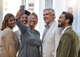 Image showing Happy, business people and selfie in team building with smile for photo, memory or social media at office. Group of employees together for picture, vlog or about us in teamwork gathering at workplace