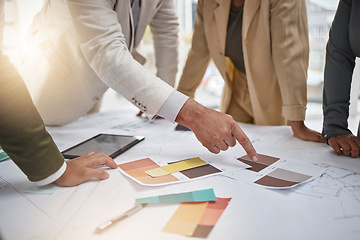 Image showing Creativity, color palette and team in a meeting for an interior design project in office boardroom. Industry, collaboration and group of designers in discussion working with blueprints in workplace.