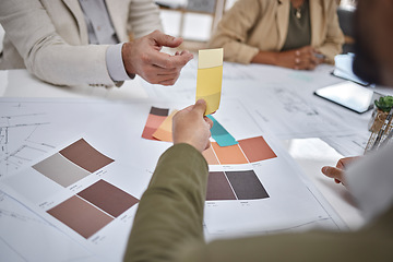 Image showing Creative, color sample and team in a meeting for an interior design project in office boardroom. Industry, collaboration and team of designers in discussion while working with blueprints in workplace