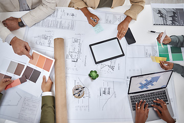 Image showing Architect, hands and blueprint design in meeting above for planning, strategy or architecture on office desk. Top view of creative people in team project or floor plan with color palette for startup