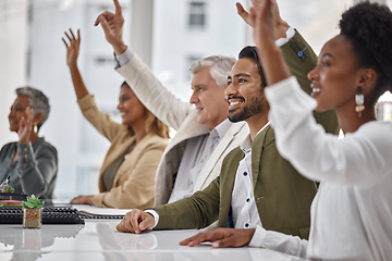 Image showing Meeting, seminar and questions with business people hands raised in the boardroom during a strategy session. Planning, workshop and a group of colleagues or employees volunteering to answer at work