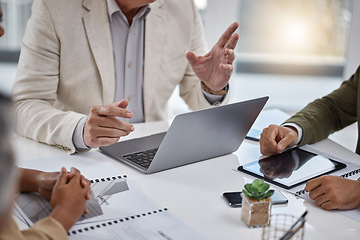 Image showing Hands, meeting and leader planning on laptop and mentor, staff and conversation with team, management or coaching. Business, people working and speaking about goals, target or leadership on project