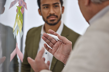 Image showing Brainstorming, ideas and man in meeting with business coach, sticky note and feedback opinion. Planning, teamwork and men training in workshop for mentorship, pitch or proposal with senior manager.