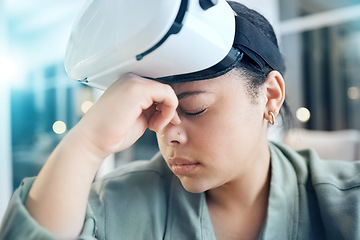 Image showing Woman in virtual reality headset with headache, pain and dizzy from gaming or working in future technology. Stress, exhausted eyes and tired girl with vr glasses, fatigue and vision problem in office