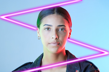 Image showing Neon, digital art and portrait of woman in studio for cyberpunk, metaverse and online gaming. Aesthetic, futuristic design and face of female person on blue background with line for scifi vaporwave