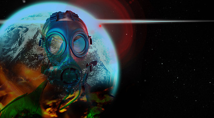 Image showing gas mask, earth and pollution in air, space and planet in apocalypse, climate change and global warming with toxic atmosphere. Globe, crisis and futuristic world with problem breathing or environment