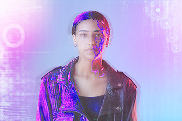 Image showing Neon, hologram screen and portrait of woman in studio for cyberpunk, metaverse and user experience. Virtual reality, futuristic and face of female person on blue background with software overlay