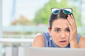 Image showing Shocked, stress and business woman on computer for news, mistake or online crisis, scam and phishing or debt. Risk, bankruptcy and surprise of professional person on laptop for problem or email fail