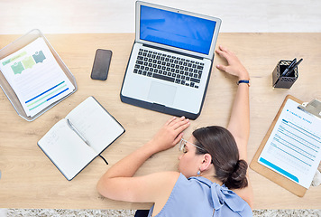 Image showing Woman, sleeping on desk and tired employee in office with burnout, fatigue and top view of nap on workplace table. Business, person and working overtime or sleep from exhausted and low energy