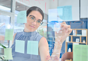 Image showing Writing, planning and business woman brainstorming, project workflow and management goals on glass board. Startup, ideas and creative worker, employee or person with office schedule and sticky notes