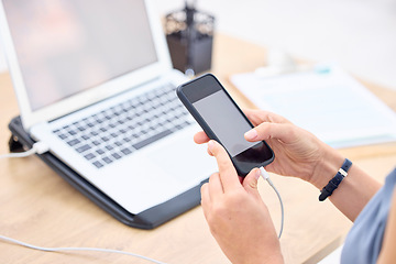 Image showing Closeup, hands and woman with a smartphone, typing and employee with connection, network and social media. Female person, mobile app and entrepreneur with a cellphone, online reading and website info