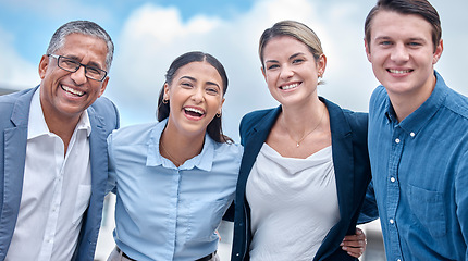 Image showing Happy, team and portrait of business people in the city with solidarity, laughing and support. Smile, hug and diversity with corporate employees together for collaboration as professional staff