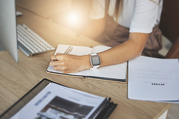 Image showing Hand, notebook and writing with woman, office and remote work from home for ideas, journal or planning schedule. Freelance lady, book and notes with pen for brainstorming, research or copywriting job