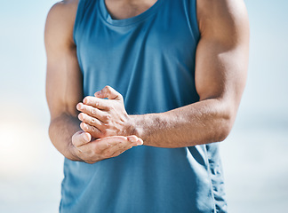 Image showing Hands, fitness and sign language with a sports man outdoor on a blurred background for a cardio workout. Exercise, motivation and health with a male runner or athlete in nature for endurance training