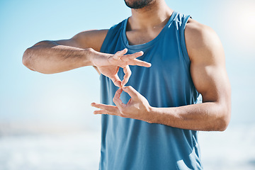 Image showing Hands, exercise and sign language with a sports man outdoor on a blurred background for a cardio workout. Fitness, motivation and health with a male runner or athlete in nature for endurance training