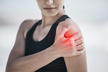 Image showing Woman, shoulder pain and fitness injury with red overlay, workout outdoor with fibromyalgia and muscle tension. Arthritis, arm ache and inflammation, female athlete and medical problem from exercise