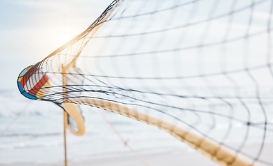 Image showing Volleyball, net and speed at beach sports for fitness, exercise or training in summer. Holiday, sun and equipment for game or competition by the ocean in the morning for cardio or a game for vacation