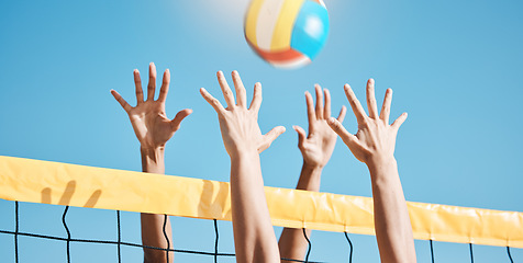 Image showing Volleyball, hands and net with sports and fitness, people outdoor playing game with blue sky and summer. Exercise, athlete and group, match with ball and active, workout and team with tournament