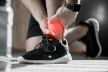 Image showing Hand, ankle pain and injury with the leg of a man in red highlight during a fitness workout. Healthcare, medical and emergency with a male runner holding a joint after a cardio accident in the gym