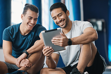 Image showing Happy, social media or personal trainer with a tablet for fitness training, workout or sports exercise. Progress results, funny meme comedy or gym instructor showing client online coaching schedule