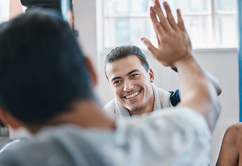 Image showing High five, fitness and men friends at a gym for training, workout and motivation, happy and smile. Exercise, success and man with personal trainer at health club celebrate kickboxing goal or progress