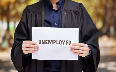 Image showing Employment, nature and lawyer with a paper for a job alert, recruitment or law graduate in nature. Showing, unemployed and hands of a legal employee with a sign for a professional legal career