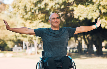 Image showing Stretching, fitness and wheelchair user in park for workout, health and muscle relief. Man with a disability, training and wellness exercise with mature person in warm up, nature and sports challenge