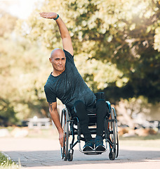 Image showing Stretching, workout and man with a disability in park for fitness and health portrait. Warm up, wellness and exercise with wheelchair user training in nature for sports, challenge and performance