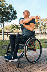 Image showing Stretching, health and wheelchair user with man in park for training, workout and fitness. Warm up, wellness and exercise with person with a disability in nature for sports, challenge and performance