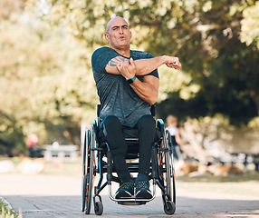 Image showing Stretching, training and wheelchair user with man in park for fitness, workout and health. Warm up, wellness and exercise with person with disability in nature for sports, challenge and performance