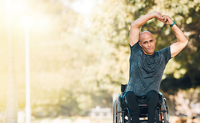 Image showing Stretching, start and wheelchair user man in park for training, workout or health portrait. Fitness, wellness and exercise person with a disability in nature for sports, challenge and mockup space