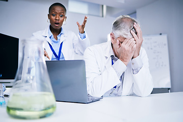 Image showing Science, people and frustrated with mistake. fail or problem in laboratory and black woman with shock, stress and glitch on computer. Chemistry, scientist with anxiety or error in research and lab