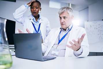 Image showing Glitch on computer, people and frustrated with mistake. fail or problem in laboratory and black woman with shock and stress. Chemistry, scientist with technology or error in research and lab