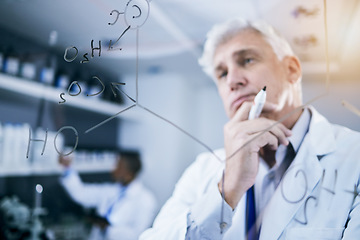 Image showing Scientist, thinking and formula on glass in laboratory research, problem solving or solution for medical health. Question, brainstorming and senior man or science expert of math, data ideas and board