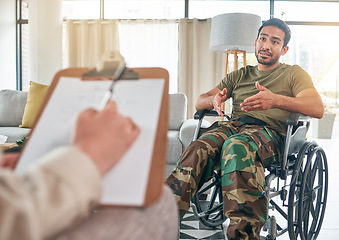 Image showing Military man, wheelchair and therapist for counselling, trauma and mental health. Depression, consultation and army veteran with a disability for therapy at psychologist person for problem or support