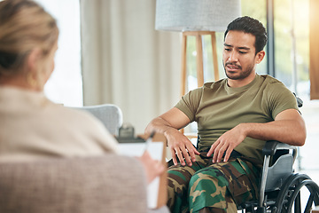 Image showing Wheelchair, therapist and military man for counselling, trauma and mental health. Depression, consultation and army veteran with a disability for therapy at psychologist person for problem or support