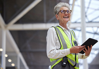 Image showing Funny, senior and architect with tablet for research, planning and working on construction project. Technology, elderly engineer and manager laughing at meme on internet, email app and networking.