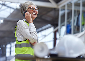 Image showing Phone call, senior woman and architect in funny conversation, planning and work on construction project. Elderly engineer, mobile and manager speaking to contact, communication and laugh in industry.