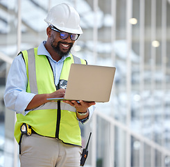 Image showing Laptop, engineering man and construction worker for online project. management, building progress and floor plan. African person in architecture design on computer for renovation on industry software