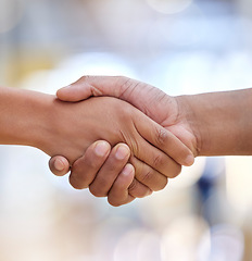 Image showing Closeup, handshake and people meeting for introduction, HR agreement and support of b2b deal, partnership or welcome. Thank you, greeting and shaking hands for hello, networking and trust of success