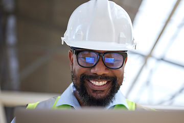 Image showing Architecture, planning and laptop with black man on construction site for engineering, building and design. Technology, research and digital with face of contractor for project management and graphic