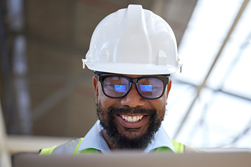 Image showing Architecture, planning and research with black man on construction site for engineering, building and design. Technology, idea and digital with face of contractor for project management and graphic