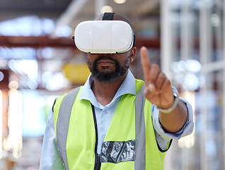 Image showing Logistics, warehouse and man in virtual reality headset for online checklist, inventory or online schedule. Future technology, person in vr glasses in factory and futuristic stock management system.