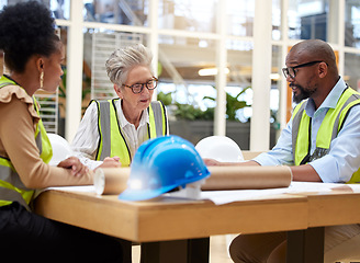 Image showing Meeting, planning and engineering people with blueprint for teamwork, collaboration and construction ideas. Project management, floor plan and manager, women and man talking of sketch in architecture